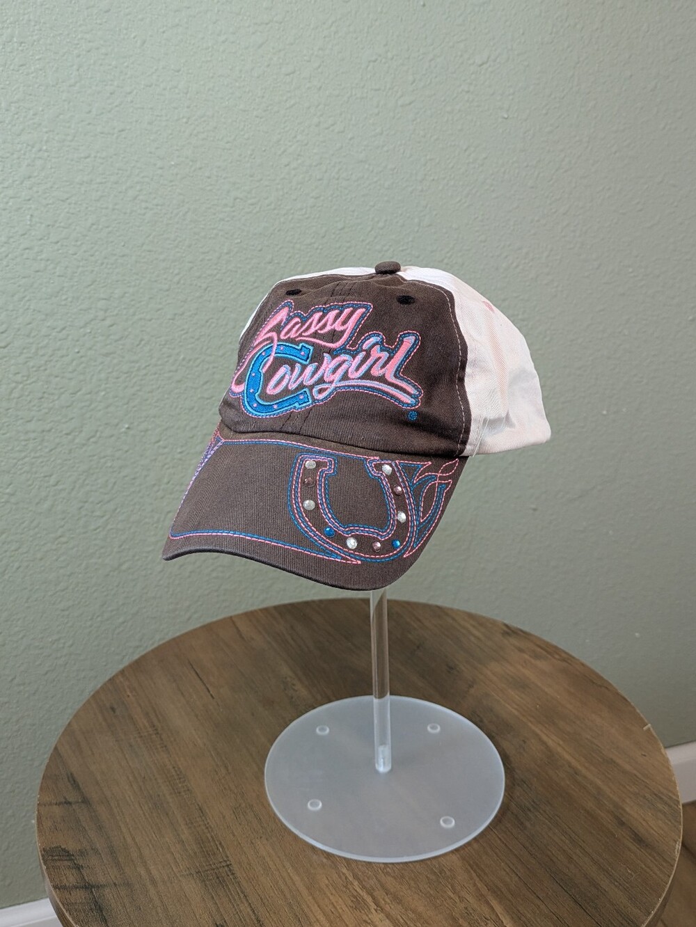 Sassy Cowgirl Embroidered Baseball Cap - Brown & White with Pink/Blue Accents